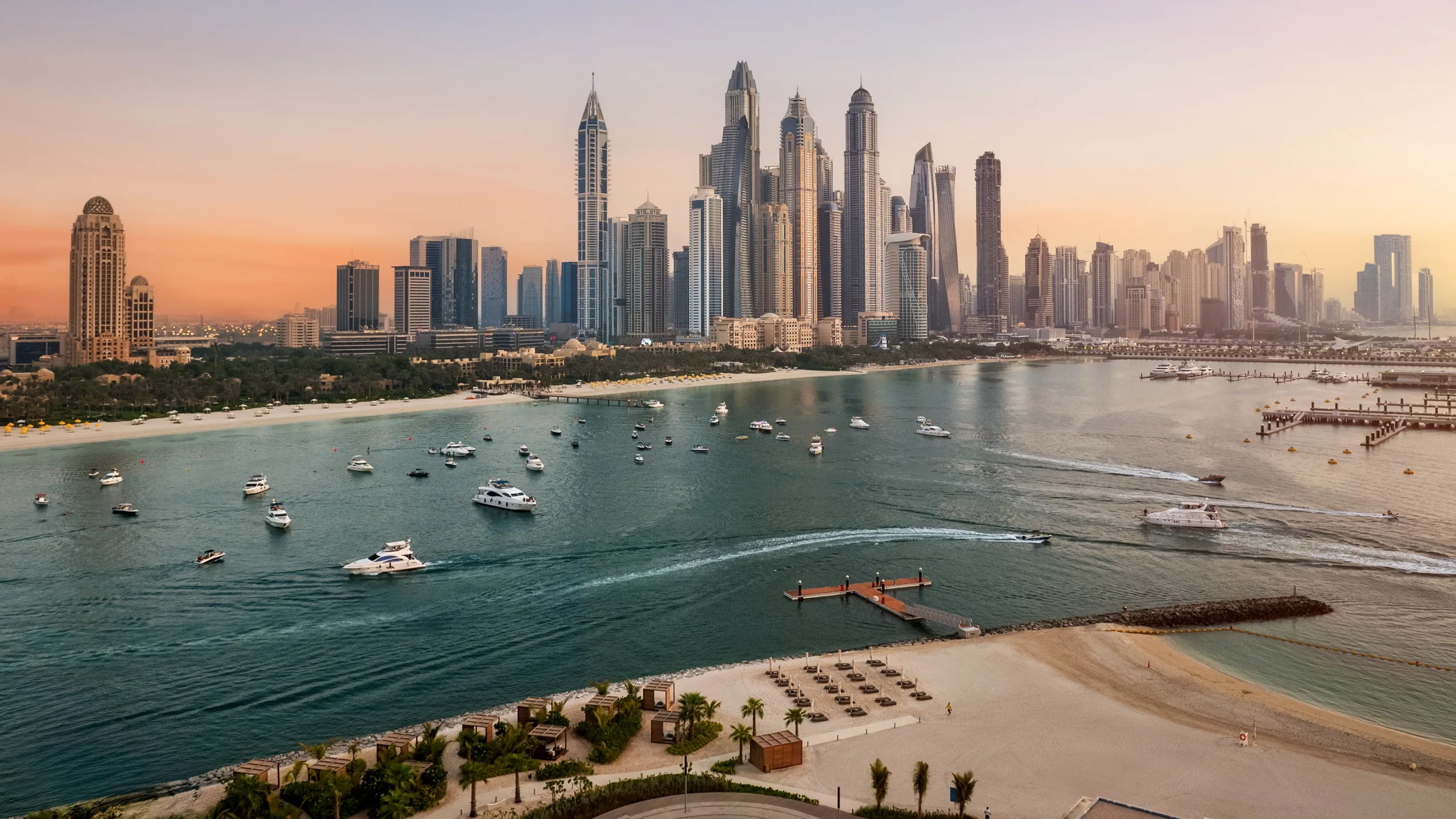 Dubai Marina skyline at sunset
